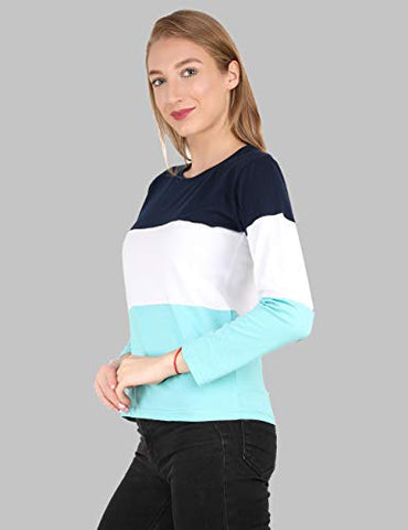 Image of Reifica Women's Multicolor Full Sleeves Tshirt (Navy Blue,White,Ocean Blue, Large)