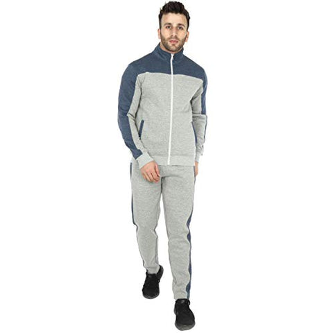 Image of SAAVA Men's Knitted Poly Cotton Grey Milange & Blue Fleece Tracksuit_L