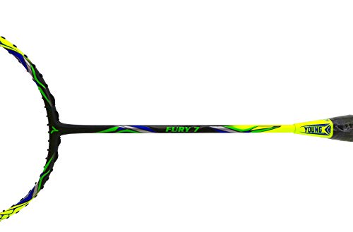 YOUNG (Malaysia) Fury 7 Graphite Lightweight Professional Badminton Racket, Head Light, One Piece High Modulus Graphite , Strung, (Black/Yellow), Includes Full Cover