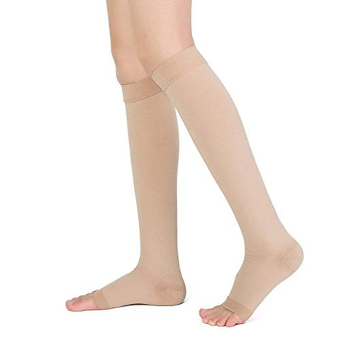 Image of Knee High Compression Stockings, TOFLY Firm Support 20-30mmHg Opaque Maternity Pregnancy Compression Socks, Open-Toe, Ankle & Arch Support, Swelling, Varicose Veins, Edema, Spider Veins, 1Pair Beige M