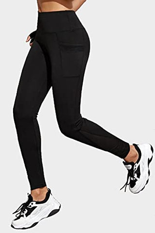 Image of BLINKIN Women's Stretch Fit Yoga Pants & Tights with Mesh Insert & Side Pockets(2012,Color_Black,Size_2XL)