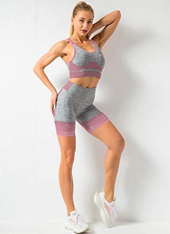 Image of OLCHEE Women’s Workout Set 2 Piece Tracksuit - Seamless Bodycon Shorts Leggings and Sports Bra Tank Yoga Outfits - Pink and Grey Size S