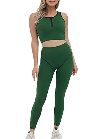 Image of Glamaker Women's 2 Piece Yoga Workout Tracksuit Outfits - Sport Tank Crop Top and Compression High Waisted Leggings Casual Activewear Sets Green Small