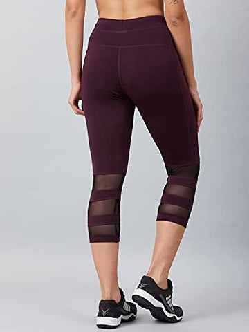 Image of BLINKIN Yoga Gym Workout & Active Sports Fitness Activewear 3/4th Capri Tights for Women with Mesh & Side Pockets(8160,Color_Maroon,Size_XL)