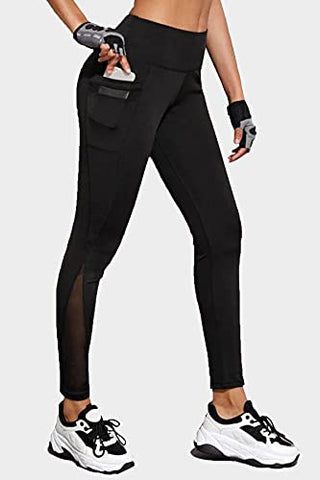 Image of BLINKIN Women's Stretch Fit Yoga Pants & Tights with Mesh Insert & Side Pockets(2012,Color_Black,Size_M)
