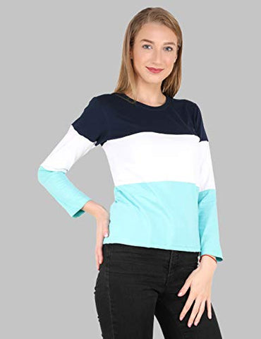 Image of Reifica Women's Multicolor Full Sleeves Tshirt (Navy Blue,White,Ocean Blue, Large)