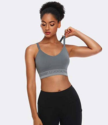 Image of ANGOOL Women's Strappy Sports Bra with Adjustable Straps - Medium Support Longline Wirefree Activewear Bra,2 Pack,Black+Grey,Medium