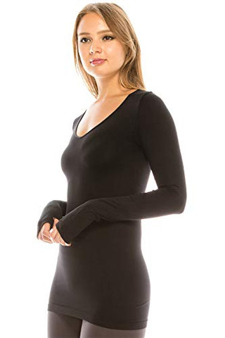 Image of Kurve Women’s Basic Solid Tops – Long Sleeve V Neck Casual Stretch Slim Fit T-Shirt Top Black