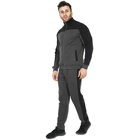 Image of SAAVA Men's Knitted Poly Cotton Charcoal Milange & Black Fleece Tracksuit_L
