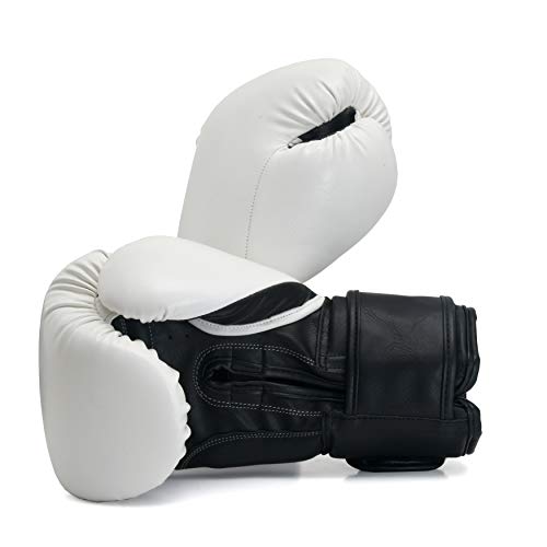 Pro Impact Boxing Gloves - Durable Knuckle Protection w/Wrist Support for Boxing MMA Muay Thai or Fighting Sports Training/Sparring Use White Black PU 12