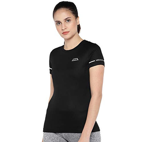 Image of HEELIUM Women's Polyester T-Shirt for Sports, Gym, Yoga & Running, Black, Strechable Fit, Quick Dry (Sizes - S: 33 inch, M: 35 inch, L: 37 inch, XL: 39 inch)