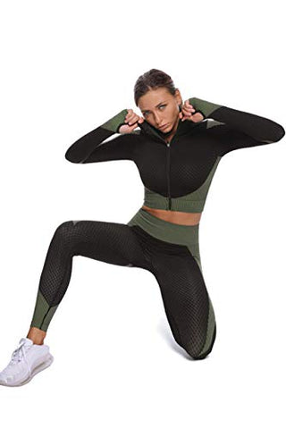Image of Women's 2 Piece Workout Set Long Sleeve Tracksuit Thumb Hole Front Zipper Crop Top with High Waist Breathable Running Yoga Leggings (Peacock Blue, S)