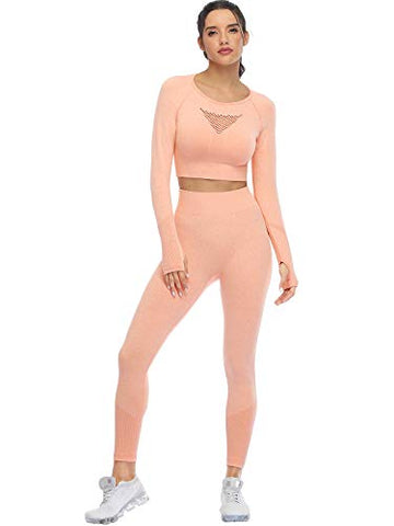 Image of Seamless Workout Sets for Women 2 Piece Long Sleeve Crop Tops and High Waisted Leggings for Women Tracksuit Set (8003L-Vibrant Orange)