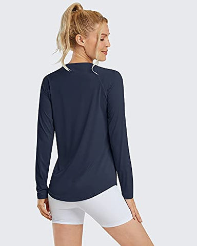 Image of Promover Women's UPF 50+ Workout Shirts Sun Protection Quick Dry Long Sleeve Scoop Neck Yoga Activewear Plain Tee Tops, A-upgraded Navy, XX-Large