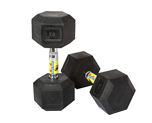 Body Maxx Hex Dumbbells 15 kg Pair, Rubber Dumbbell Set 15kg, Black Rubber Coated Dumbbells with Steel Grip Home Gym Fitness