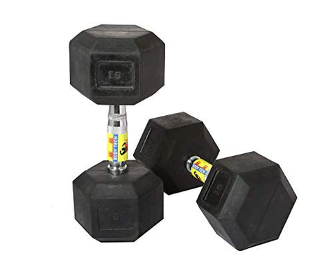 Image of Body Maxx Hex Dumbbells 15 kg Pair, Rubber Dumbbell Set 15kg, Black Rubber Coated Dumbbells with Steel Grip Home Gym Fitness