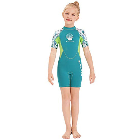 Image of Wetsuit Kids Shorty Neoprene Thermal Diving Swimsuit 2.5MM for Girls Boys Child Teen Youth Toddler, One Piece Children Rash Guard Swimming Suit UV Protection Sunsuit for Surfing (Girl Green, L)
