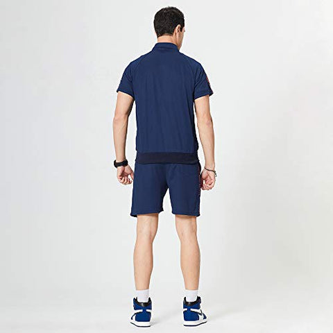 Image of TOLOER Men's Zipper Short Sleeve Jacket and Shorts Stripe Drawstring Waistband Tracksuit Navy XX-Large