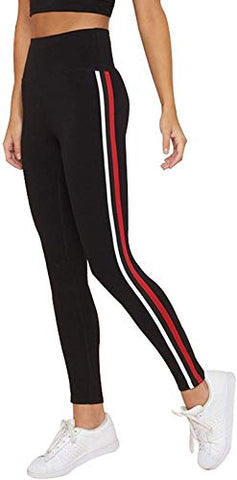 Image of Fitg18® Gym wear Leggings Ankle Length Free Size Workout Trousers | Stretchable Striped Leggings | High Waist Sports Fitness Yoga Track Pants for Girls & Women (Free Size) (Black) (RED, Free Size)