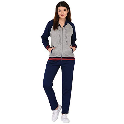 Image of Vivid Bharti Women's Fleece Zipper Hooded Tracksuit (Navy and Grey, Large)