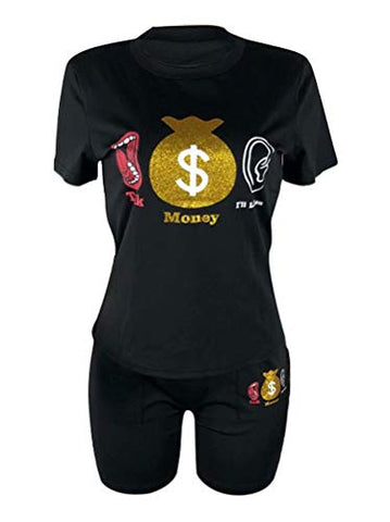 Image of Ramoug Women 2 Piece Outfits Lips Letter Print Short Sleeve T Shirt Biker Shorts Set Tracksuit S Deep Pink