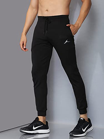 Image of Kraasa Joggers Gym Pants for Men | Slim Fit Athletic Track Pants |Casual Running Workout Pants with Pockets | 4 Way Lycra Trackpants Black Size L