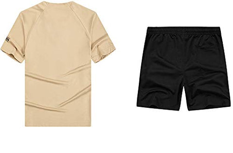 Image of Men's Shorts Set 2 Pieces Outfits Sport Set V-neck T-shirt and Shorts Tracksuit Kahki X-Large