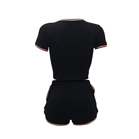 Image of Women 2 Piece Workout Outfits Short Sets Sexy Bodycon Crop Top Shirts & Sports Shorts Activewear Set (Black,X-Large)
