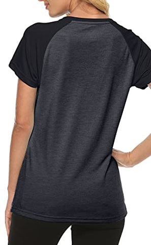 Image of MoFiz Women's Athletic Short-Sleeved Running T-Shirts Lightweight Quick Dry Workout Training Yoga Crewneck Tops Black Grey 2XL
