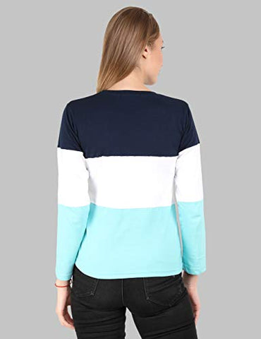 Image of Reifica Women's Multicolor Full Sleeves Tshirt (Navy Blue,White,Ocean Blue, Large)