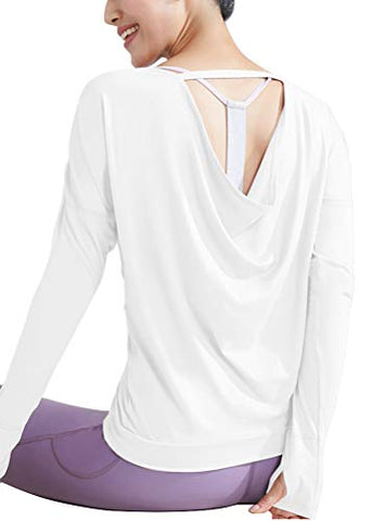 Image of Bestisun Workout Clothes Long Sleeve Workout Shirts for Women Thumb Hole Tops Yoga Open Back Shirts Backless Activewear Tops Boatneck Gym Sports Clothing Athletic Exercise Wear for Women White L