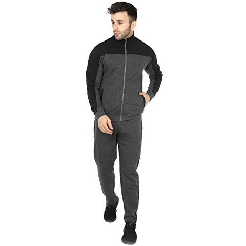 Image of SAAVA Men's Knitted Poly Cotton Charcoal Milange & Black Fleece Tracksuit_L