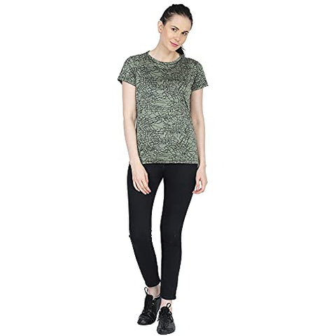 Image of URBAN CIRCUS Polyester Women's Round Neck Half Sleeve Yoga Gym Sports Dryfit Active Wear T Shirt (Green and White Combo, Medium)