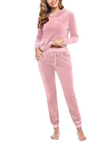 Image of Aiboria Women's Solid Velour Sweatsuit Set Hoodie and Pants Sport Suits Tracksuits (Pink,XS)