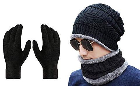 Image of Gajraj Winter Knit Beanie Cap Hat Neck Warmer Scarf and Woolen Gloves Set for Men & Women (3 Piece) (BLACK)