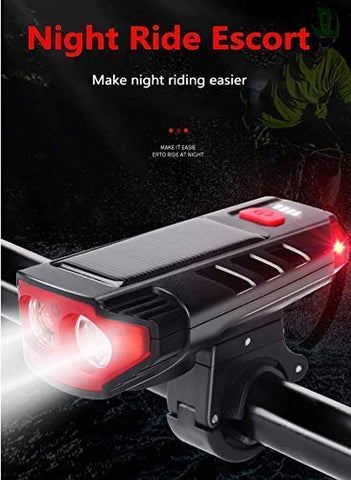 Image of Lista Bicycle Horn 2 Eyes Front Light Solar with USB Charging Battery Bike Light with Two Back Lights, Plastic, Black