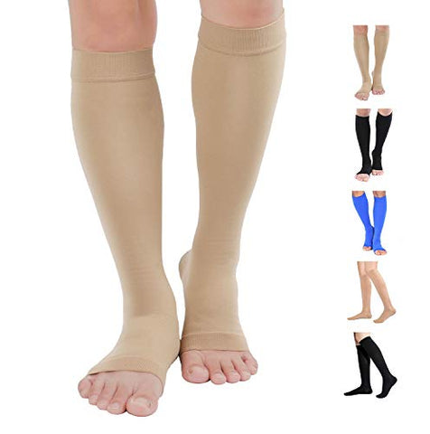 Image of Knee High Compression Stockings, TOFLY Firm Support 20-30mmHg Opaque Maternity Pregnancy Compression Socks, Open-Toe, Ankle & Arch Support, Swelling, Varicose Veins, Edema, Spider Veins, 1Pair Beige M