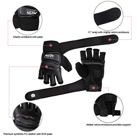 Image of FitsT4 Half Mitts UFC MMA Training Boxing Punch Bag Kickboxing Sparring Grappling Martial Arts Muay Thai Taekwondo Wrist Wraps Support Gloves for Women Men Kids Black M