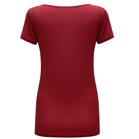 Image of OThread & Co. Women's Plain Basic Spandex Short Sleeves T-Shirt Scoop Neck Tee (X-Large, Burgundy)