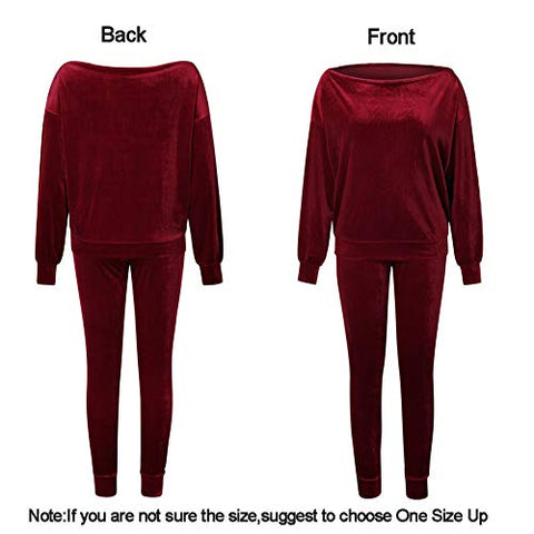 Image of VamJump Women Burgundy Velvet Off Shoulder Long Sleeve Sweat Suits Tracksuit, Medium