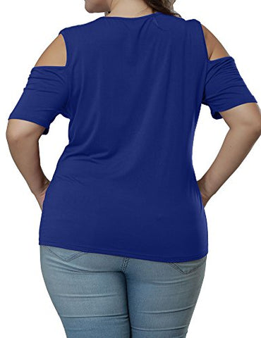 Image of Allegrace Women's Plus Size Keyhole Front Short Sleeve Top Cold Shoulder T Shirt Blue 4X