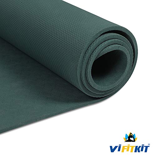 VIFITKIT Yoga Mat Eco Friendly Workout Mat For Yoga Pilates Outdoor Workout With Free Carrying Bag and Strap (Made In India) (BOTTLE GREEN, 4mm)