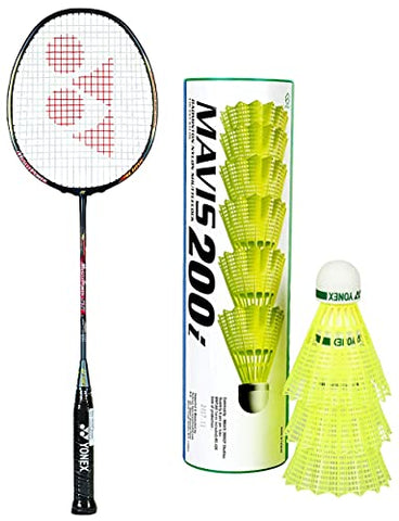 Image of Yonex Muscle Power 55 Badminton Racquet with Free Full Cover (Graphite, G4, 83 Grams, 30 lbs Tension) | Made in Taiwan+Yonex Mavis 200i Nylon Shuttle Cock, Pack of 6 (Yellow)