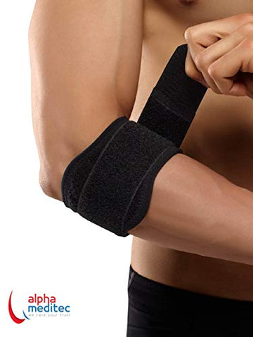 Image of Alpha Tennis Elbow Support with Pressure Point -for Elbow Pain due to Sports, Computer, Gym, Strain, Tear- Black Universal Size