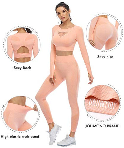 Image of Seamless Workout Sets for Women 2 Piece Long Sleeve Crop Tops and High Waisted Leggings for Women Tracksuit Set (8003L-Vibrant Orange)