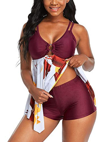 Image of Womens Athletic Two Piece Swimsuits Tummy Control Swimsuit for Women Bathing Suits with Sporty Shorts, Light Purple Leaf, 20-22