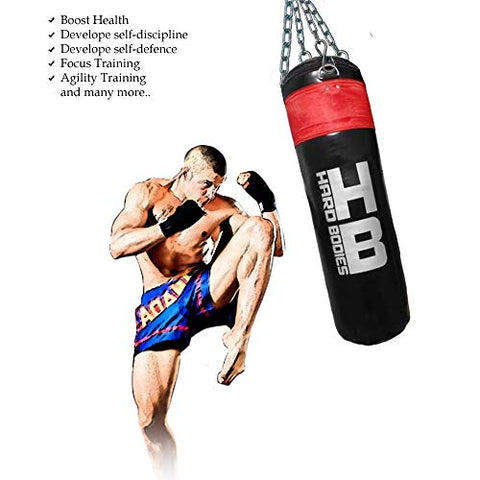 Image of Hard Bodies Professional Synthetic Leather Boxing Punching Bag for Kickboxing, Muay Thai Along with Hanging Chain , Hand Wraps & Key Chain ( Filled ) (3 Feet Pro Punching Bag Black & Red)