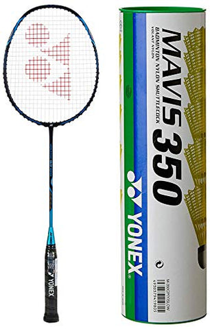 Image of YONEX VOLTRIC 0.7DG Badminton Racquet (Navy Blue, Graphite, 35 lbs. Tension) & Mavis 350 Green Cap Nylon Shuttlecock (Yellow)