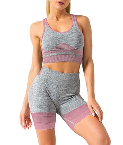 Image of OLCHEE Women’s Workout Set 2 Piece Tracksuit - Seamless Bodycon Shorts Leggings and Sports Bra Tank Yoga Outfits - Pink and Grey Size S