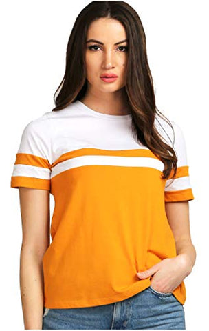 Image of AELOMART Women's Cotton Round Neck Mustard Half Sleeve Top(AWT2053MDW-Pn) (Mustard, Small)